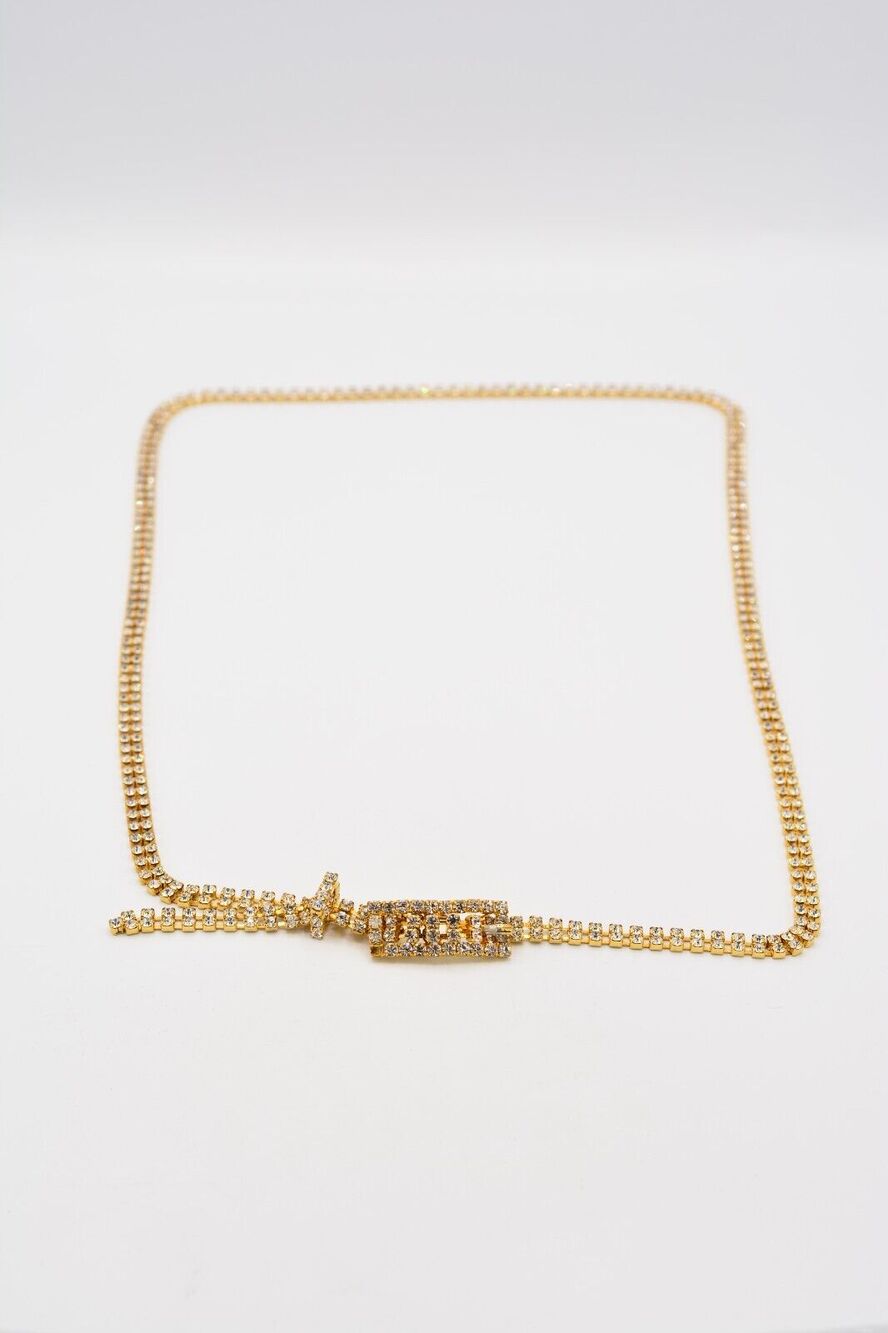 Statement Chain Belt Gold Tone Rhinestone Crystal Sparkling Cocktail Shiny 1980s